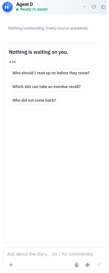 Open the Bookings screen and read Agent D.