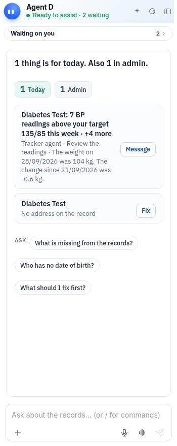 Open the Patients screen and read Agent D.