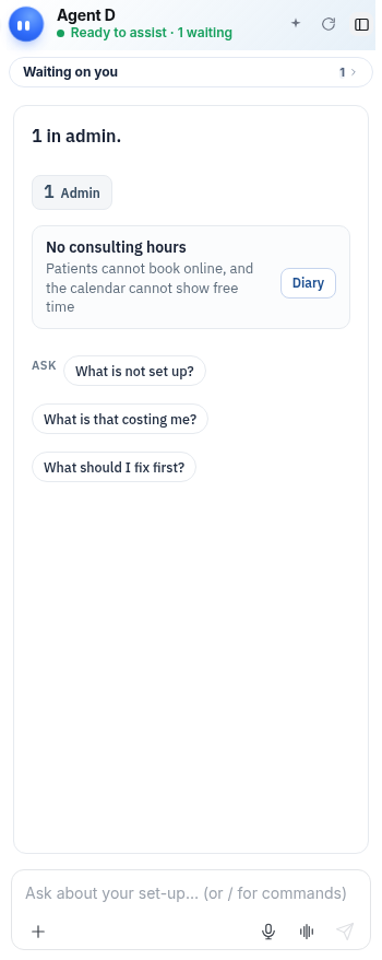 Open the Settings screen and read Agent D.