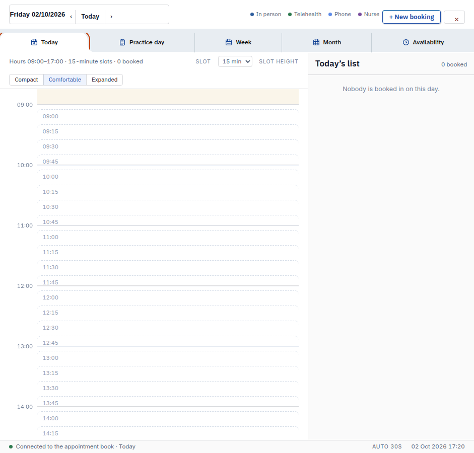 The Today view of the diary