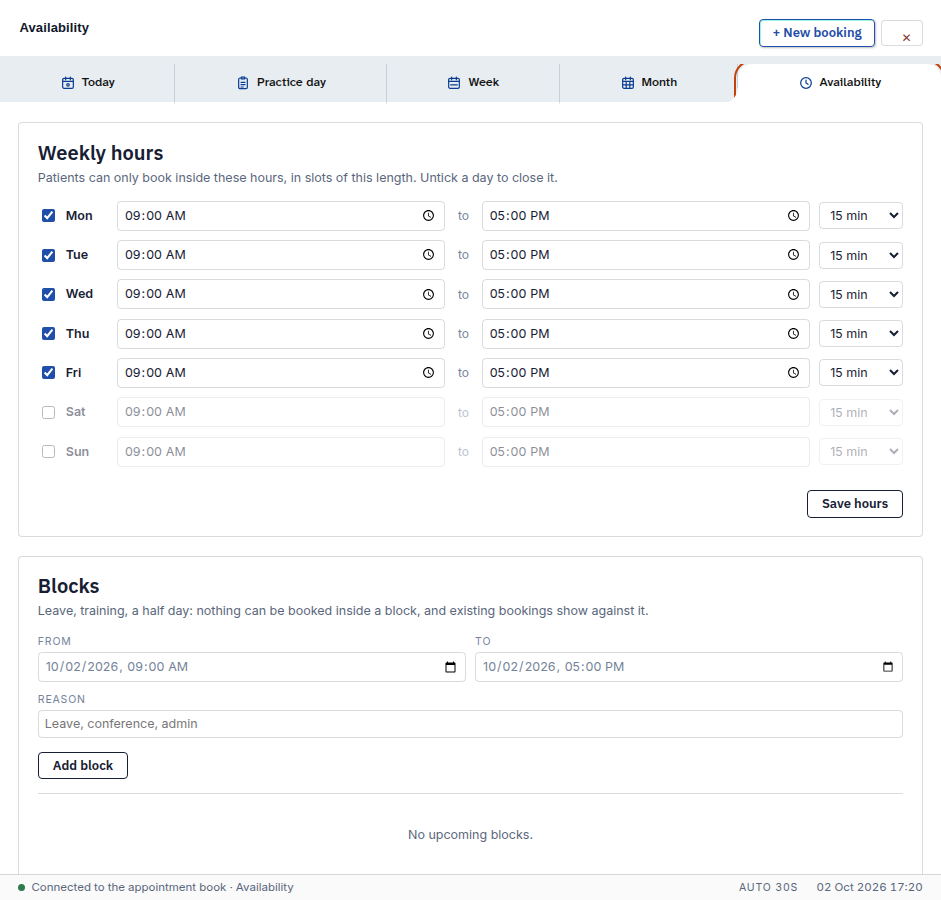 The Availability view with weekly hours