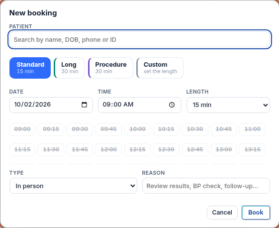 The New booking card with patient, length, date, time, type and reason