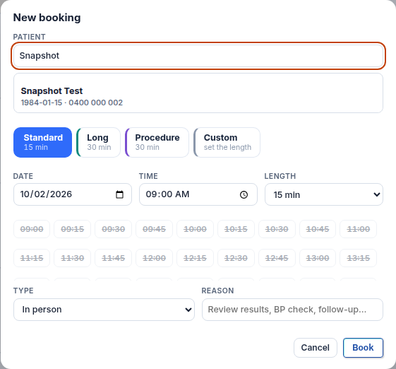 Typing Snapshot in the patient box offers Snapshot Test