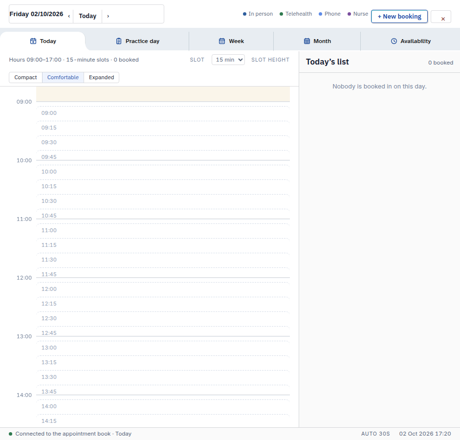The Bookings tab on the left opens the diary