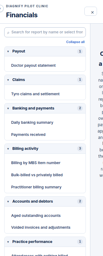 The Financials report list on a phone