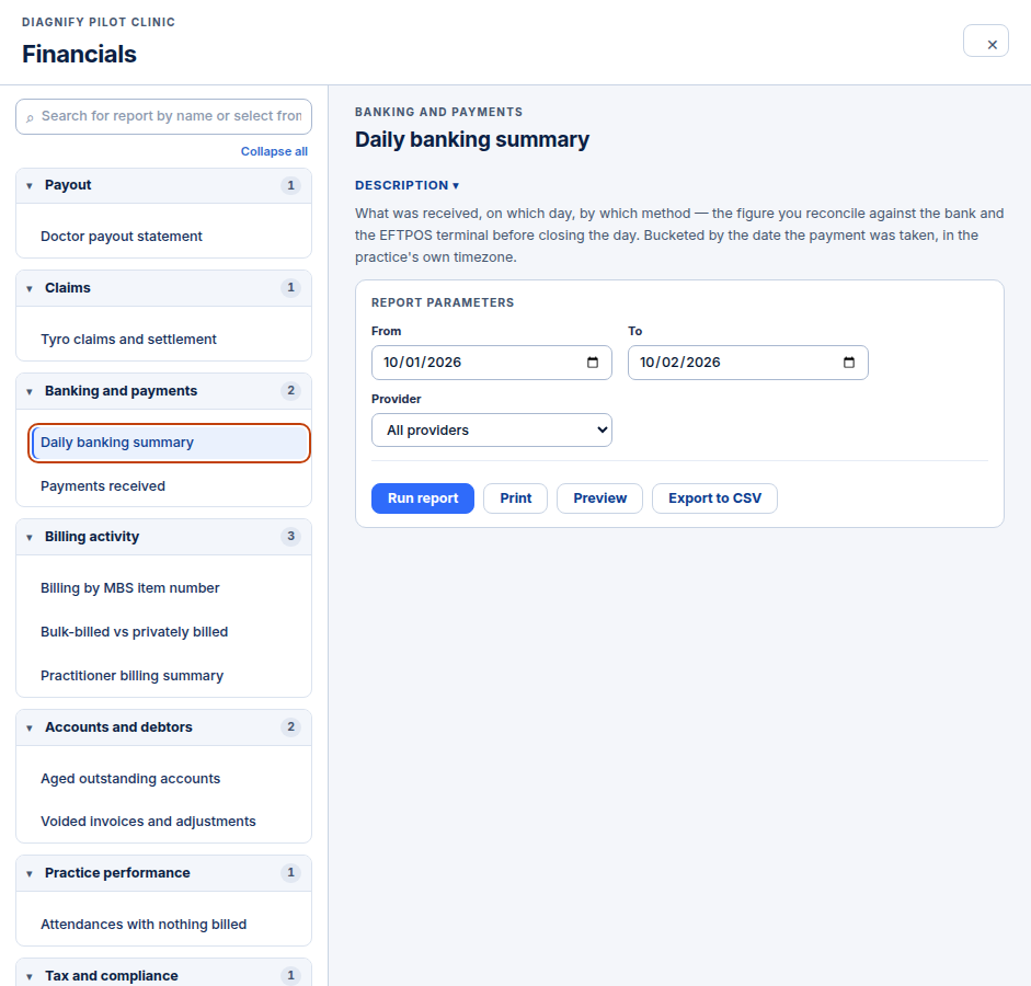 Daily banking summary and Payments received in the report list