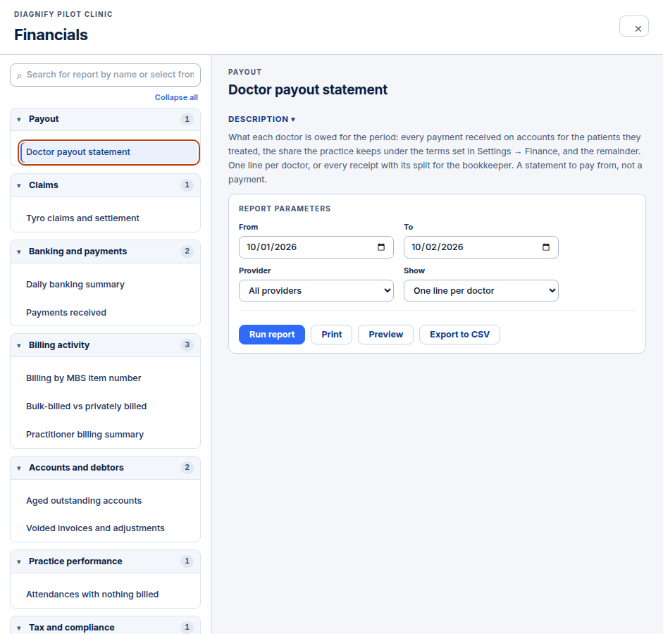 A chosen report with its description and dates