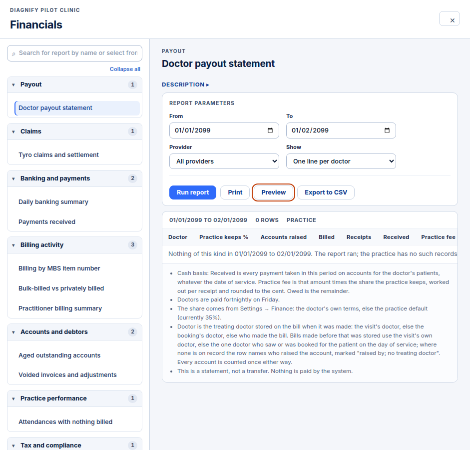 Preview, Print and Export to CSV under the report