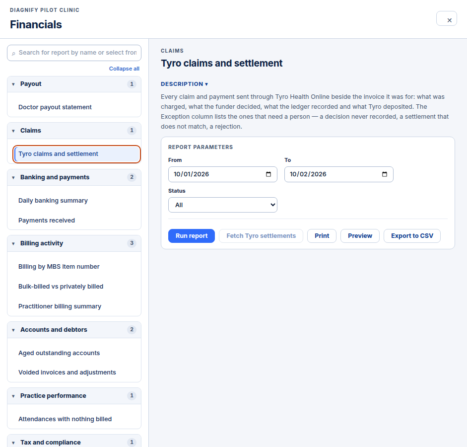 The Tyro claims and settlement report with its filters