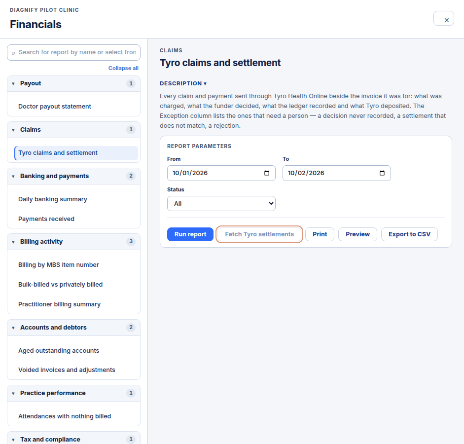 The Fetch Tyro settlements button on the report