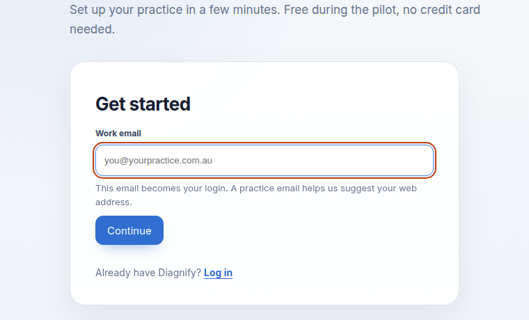 Entering work email for practice setup