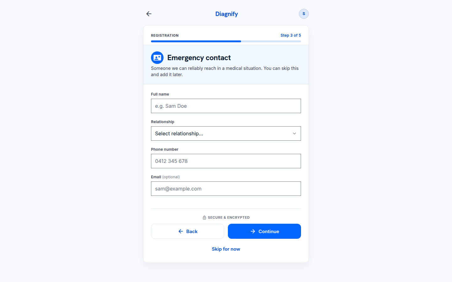 Step 3 of 5, the emergency contact step