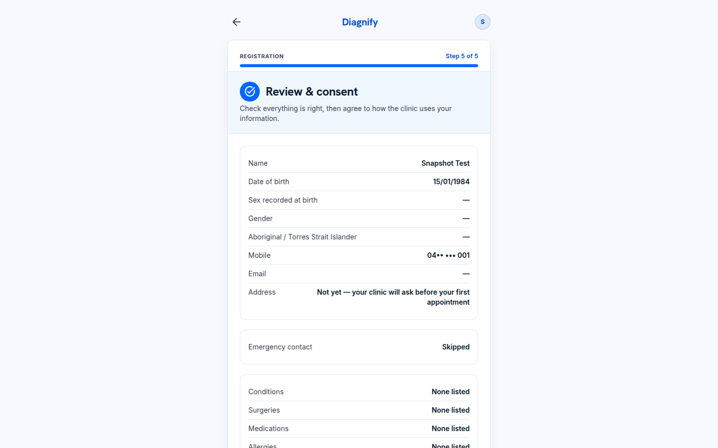 Step 5 of 5, Review and consent with an empty tick box