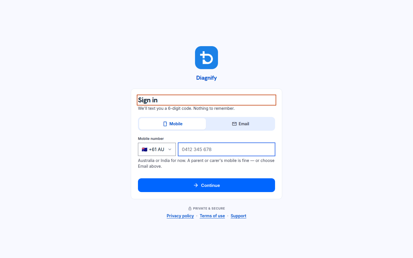 The Sign in screen with Mobile and Email choices