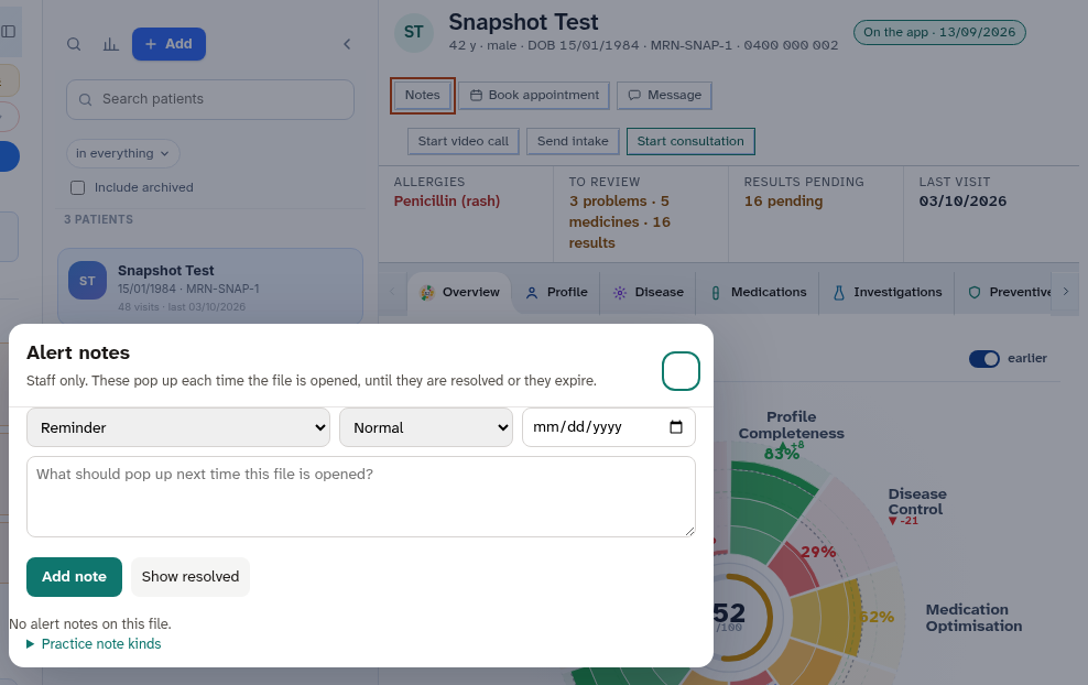 Staff alert notes button and count indicator