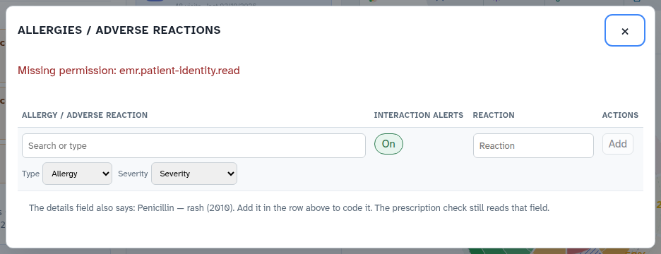 Allergy entry dialog with coded allergen search