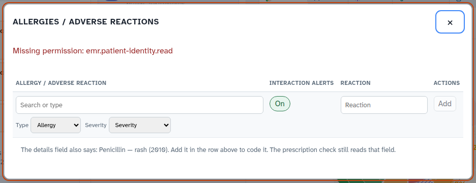 Allergy severity reaction and interaction settings