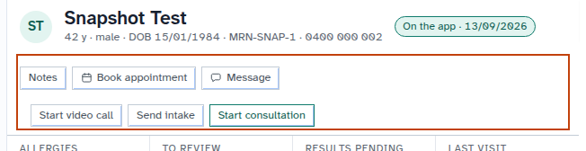 Header action buttons on patient record