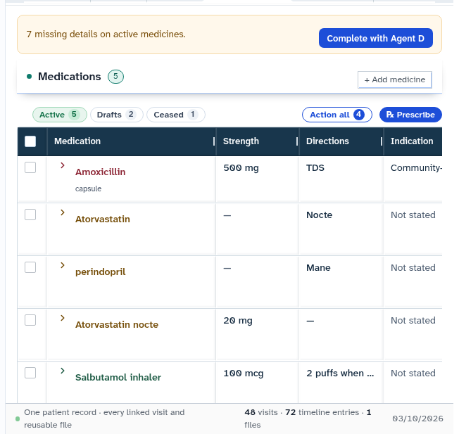 Medications list with active draft and ceased tabs