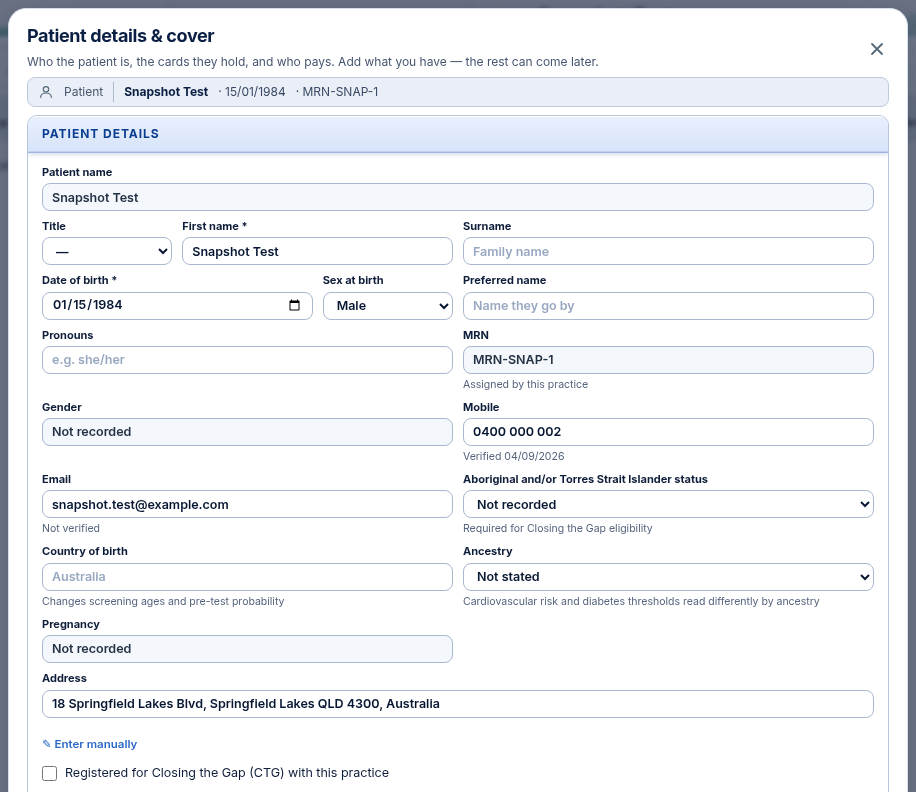 Patient details dialog launched from date of birth