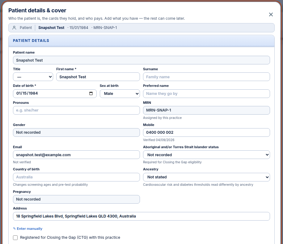 Comprehensive patient details contact and cards form