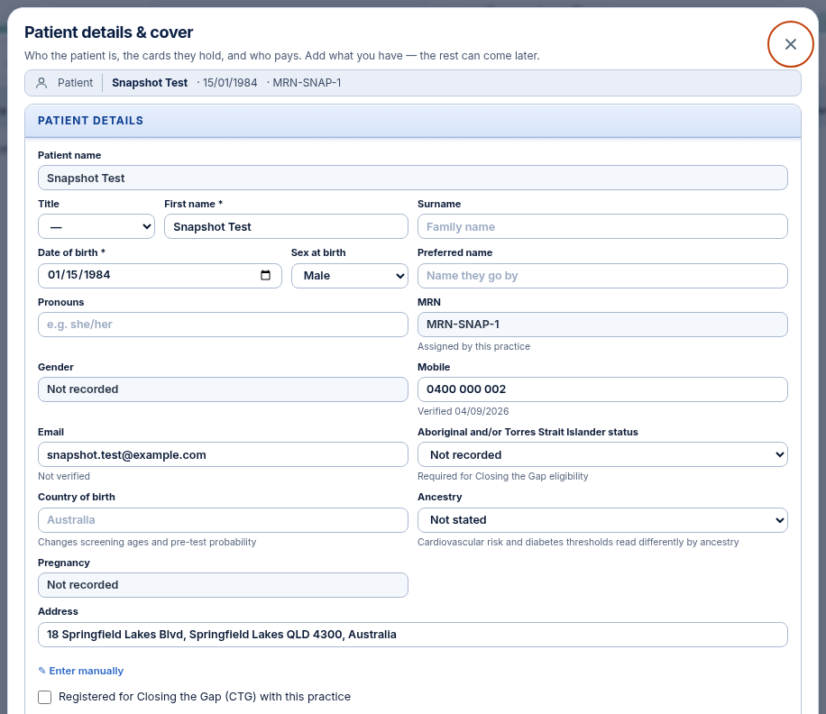 Patient details dialog close and save controls