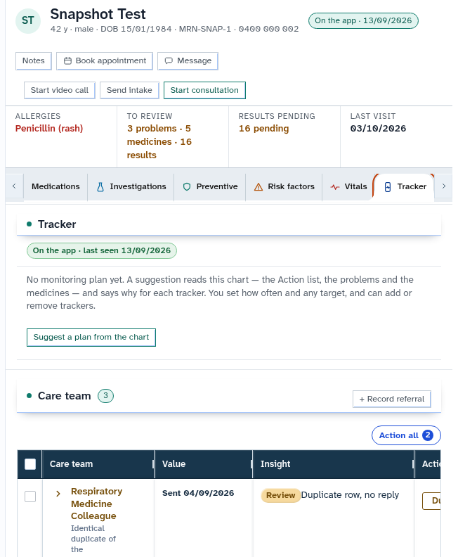 Patient tracker dashboard showing targets and readings