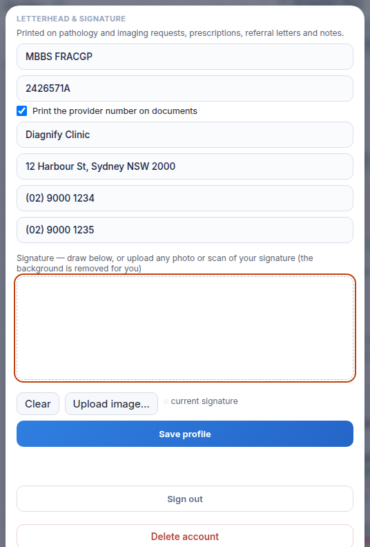 Letterhead and signature settings
