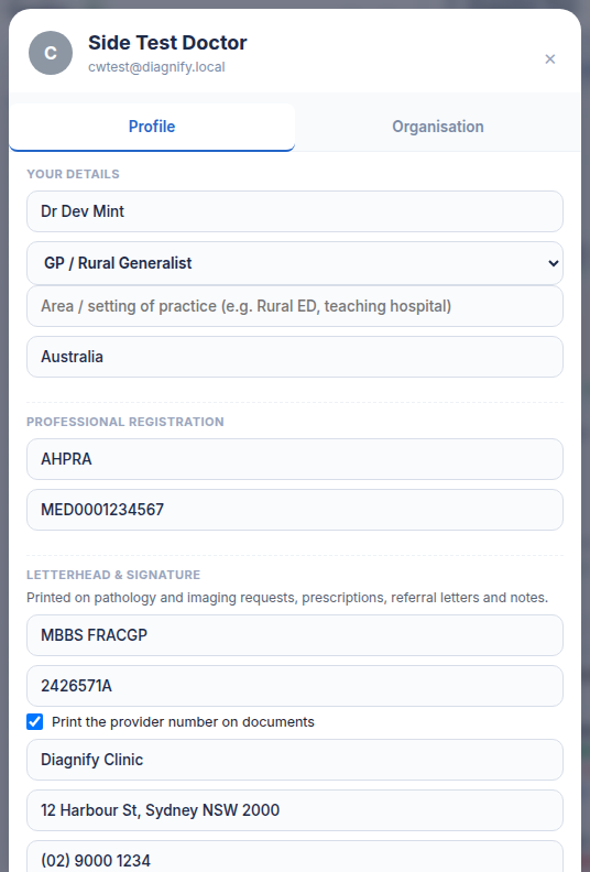Profile drawer opened showing practitioner details