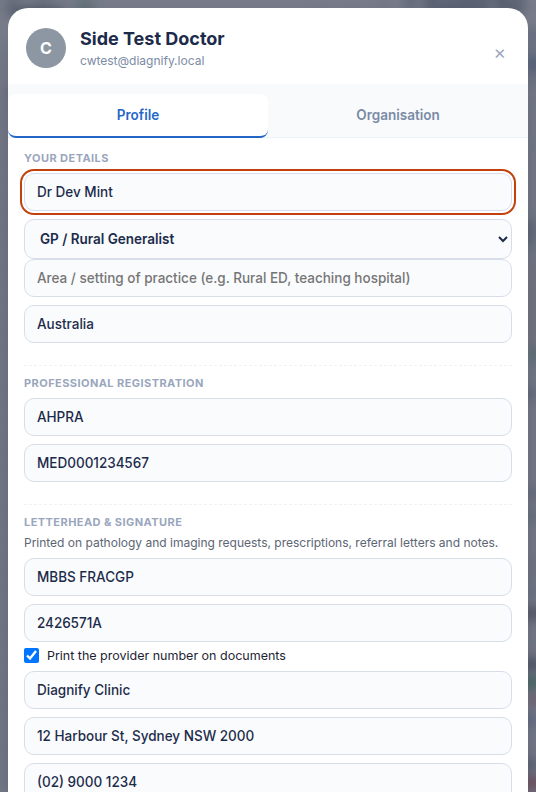 Profile fields for practitioner credentials and clinic location