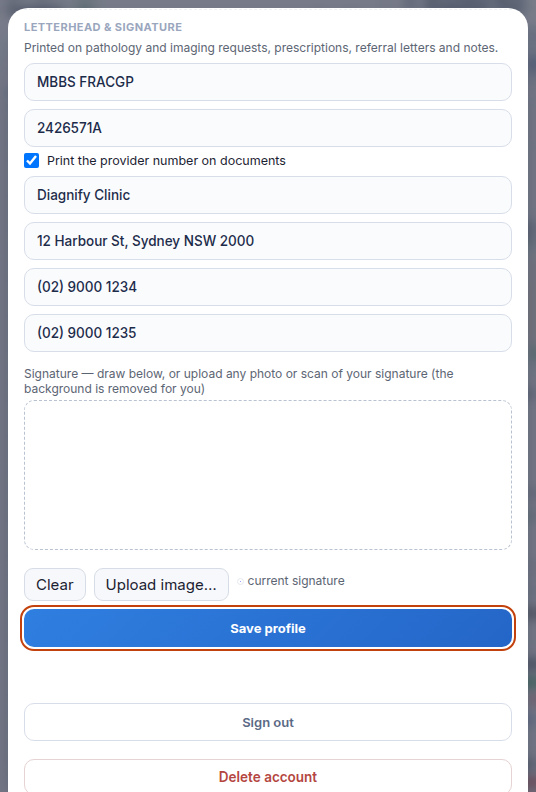 Profile save and account actions
