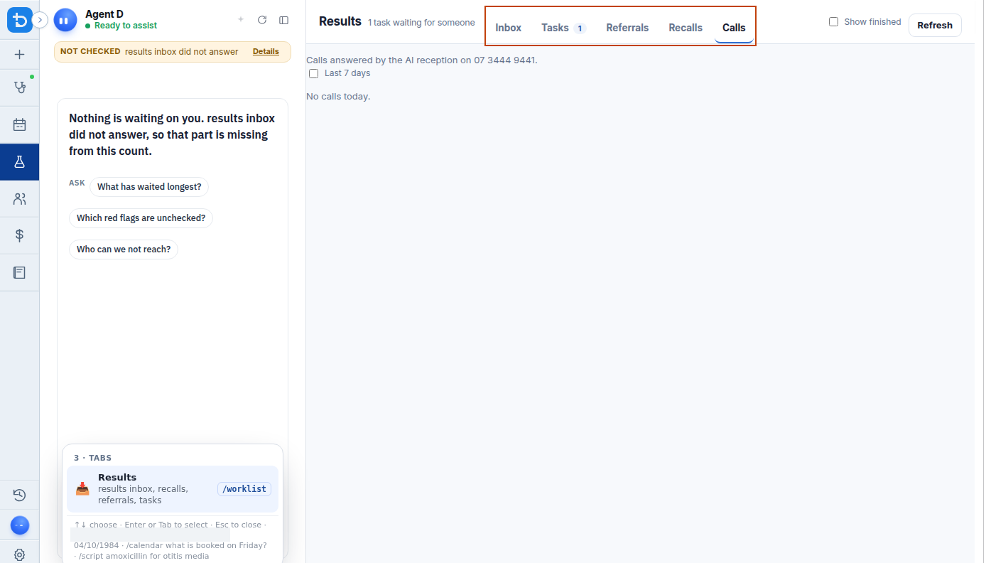 Calls tab showing incoming phone inquiries and caller identity