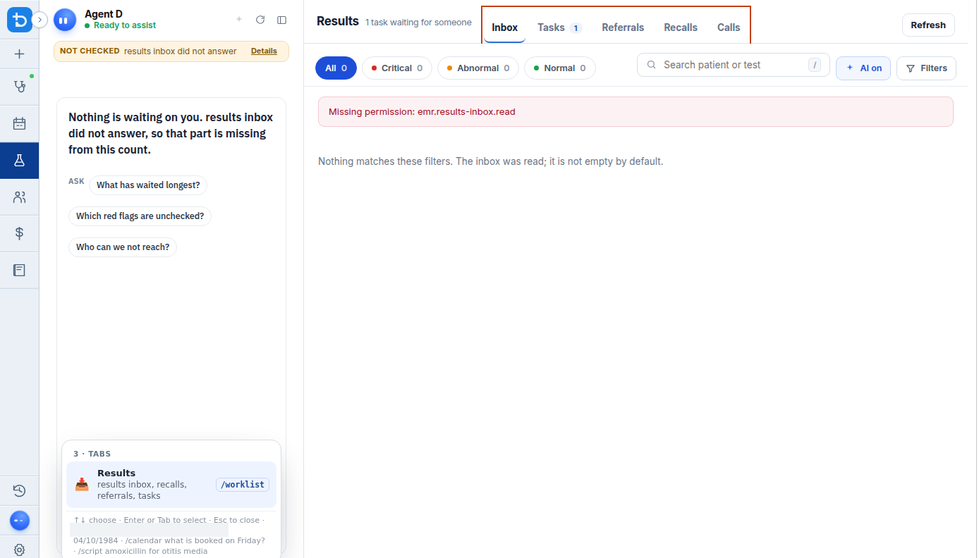 Results inbox tab with priority chips and filter controls