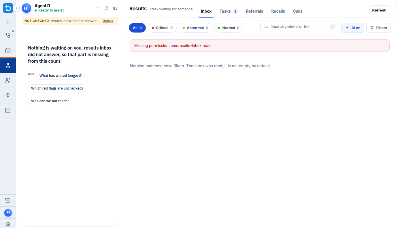 Results worklist with navigation tabs and pending count summary