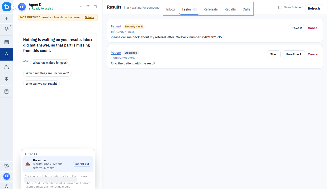 Tasks tab showing pending clinic jobs and due dates