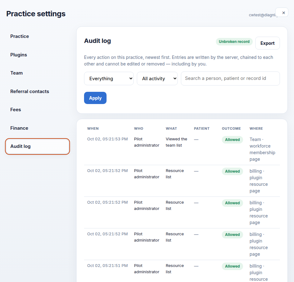 The Audit log with filters, search and the table