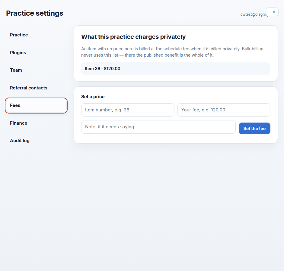 The Fees tab with the private fee list
