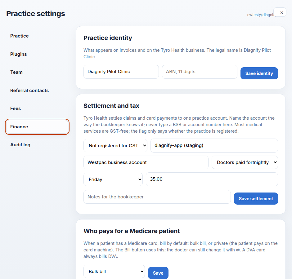 The Finance tab with GST, payout and fee settings