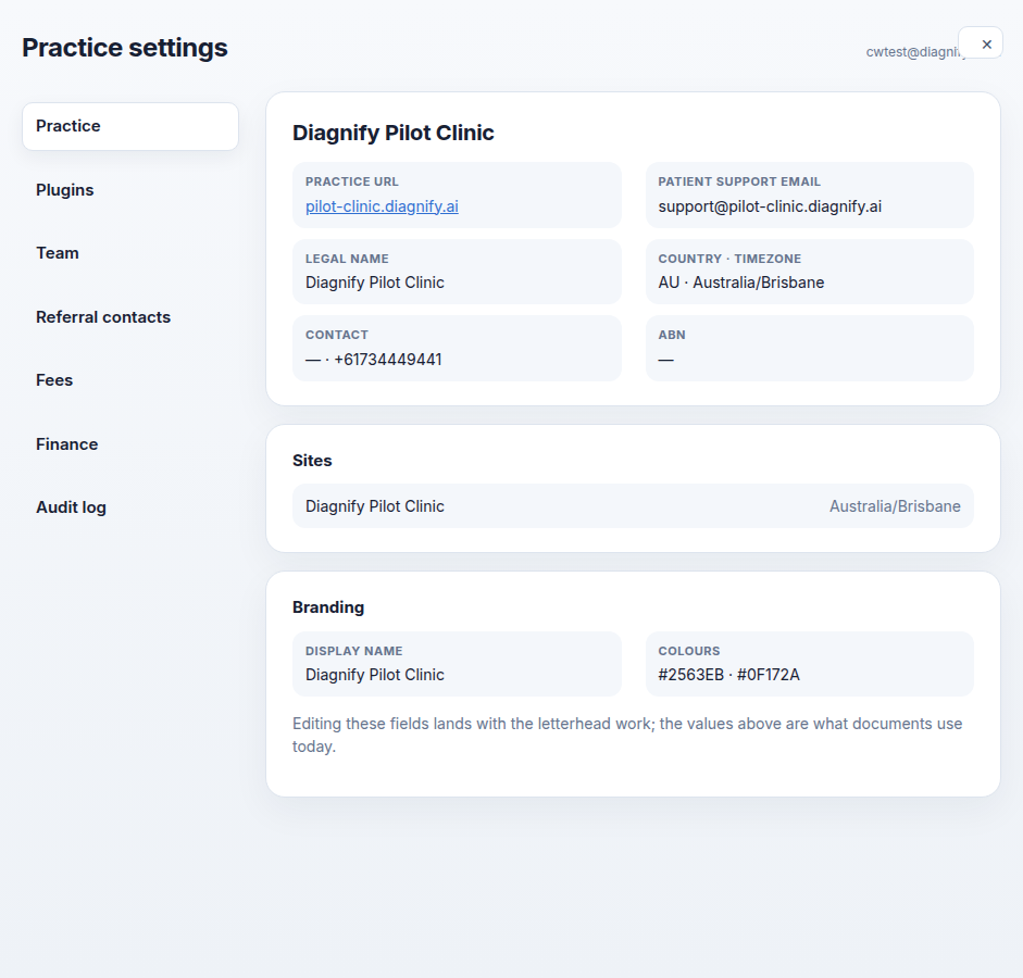 The Practice settings screen that /settings opens