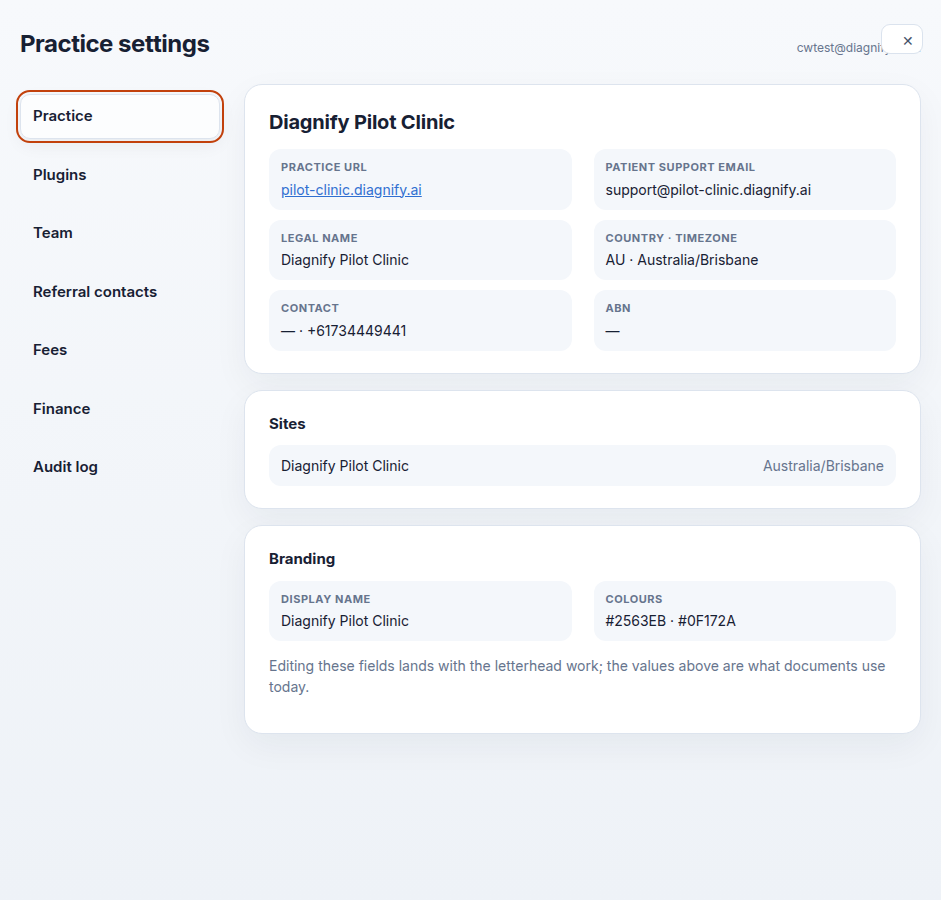 The Practice tab with URL, support email, legal name, sites and branding