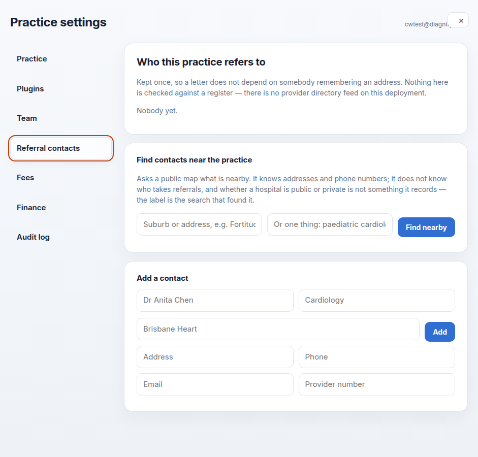 The Referral contacts tab with the contact list and search