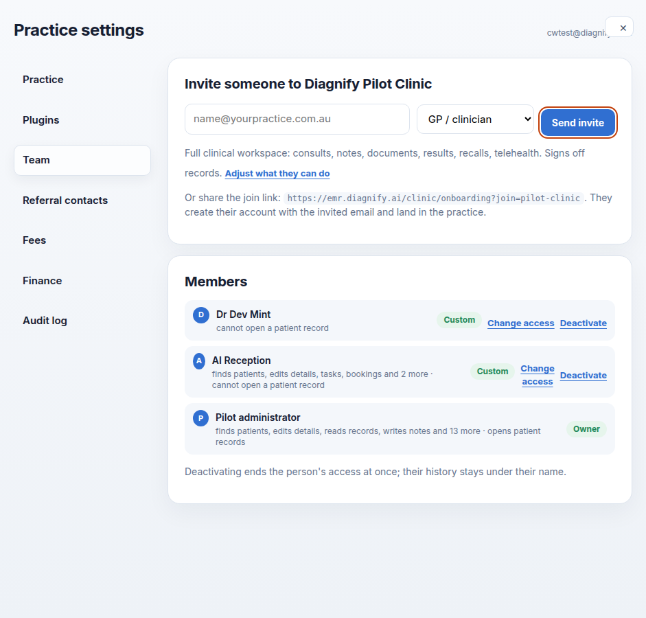 The invite form with an email and a role picked
