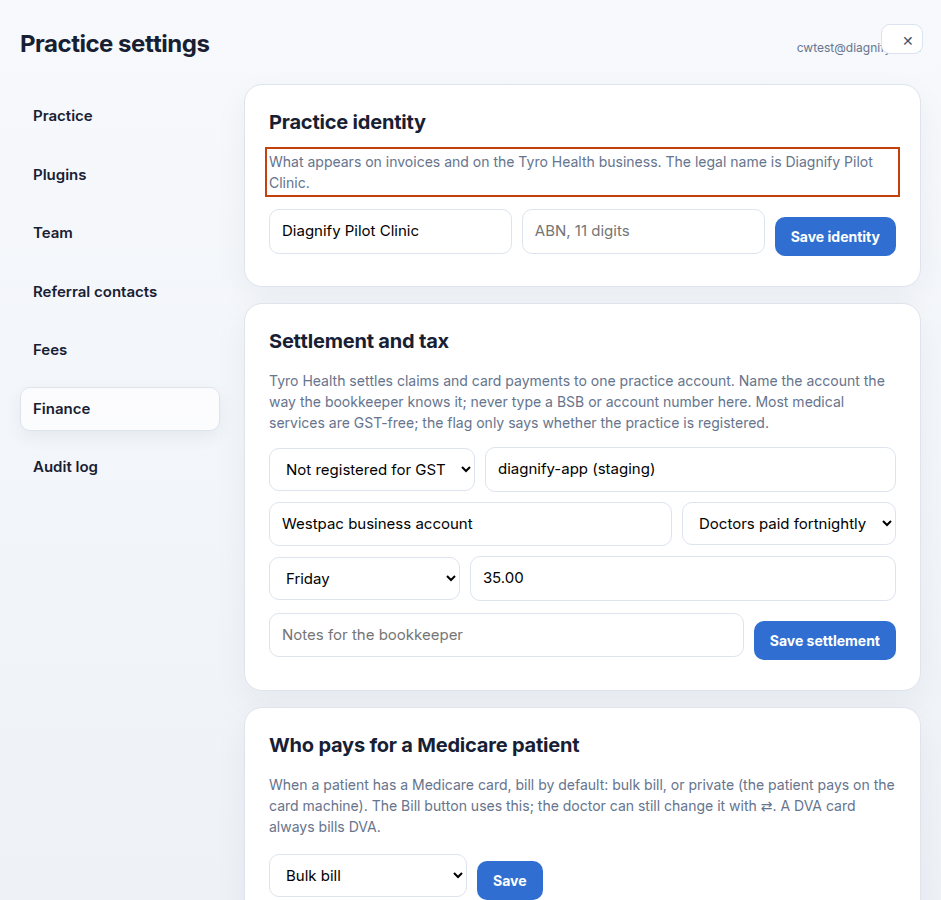 The Tyro Health connection and Card terminals on the Finance tab
